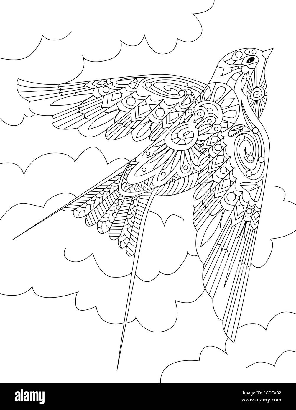 Small Bird Flying Through The Skies With Clouds Colorless Line ...