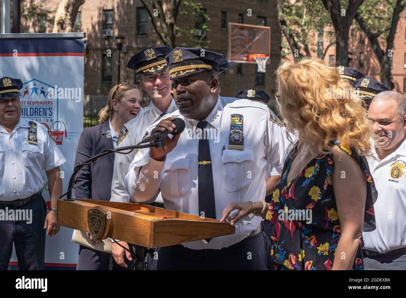 New York, United States. 12th Aug, 2021. NYPD Chief of Community Affairs Bureau Jeffrey Maddrey speaks at a Queensbridge Houses Basketball Court opening event in the Queens Borough of New York City.New York Police Department renovates basketball court at NYCHA Queensbridge Houses through the use of forfeitures funds. It's one of 15 basketball courts across the city that the NYPD is renovating. The $4 million project is funded from drug busts. (Photo by Ron Adar/SOPA Images/Sipa USA) Credit: Sipa USA/Alamy Live News Stock Photo