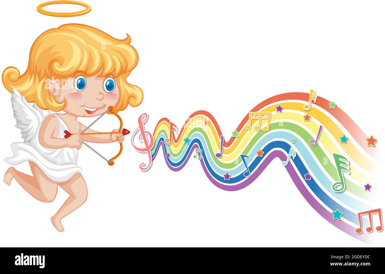 Cupid girl with melody symbols on rainbow wave illustration Stock ...