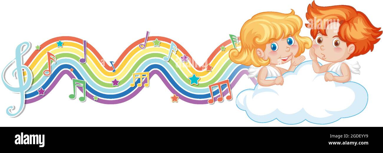 Cupid couple with melody symbols on rainbow wave illustration Stock ...