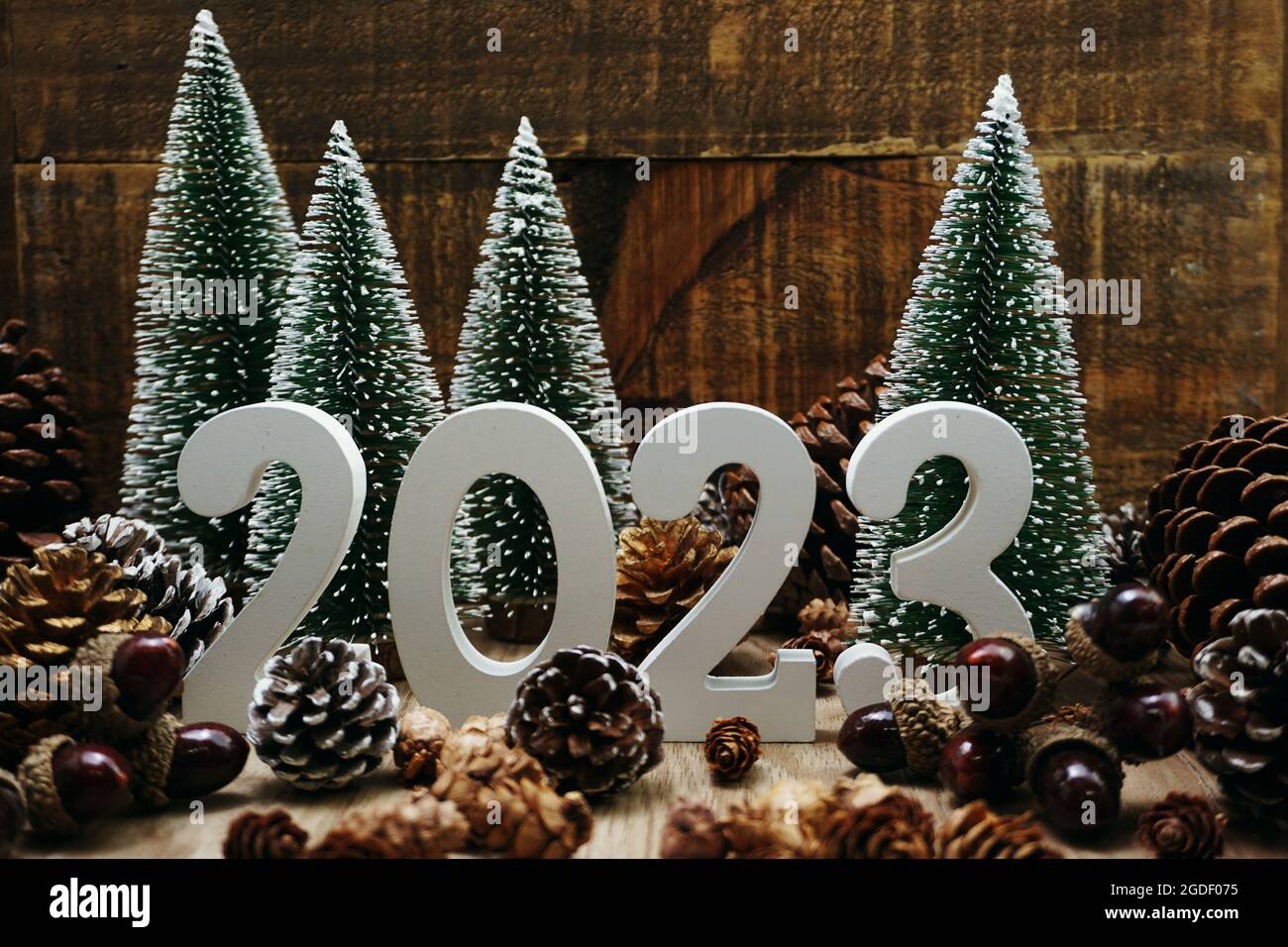 Happy New Year 2023 festive background with Christmas tree and
