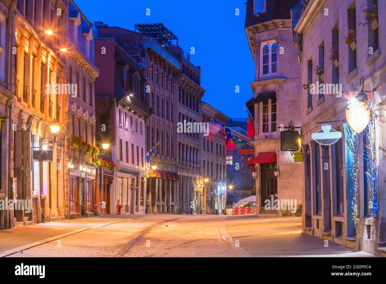 Old town Montreal at famous Cobbled streets at twilight in Canada Stock