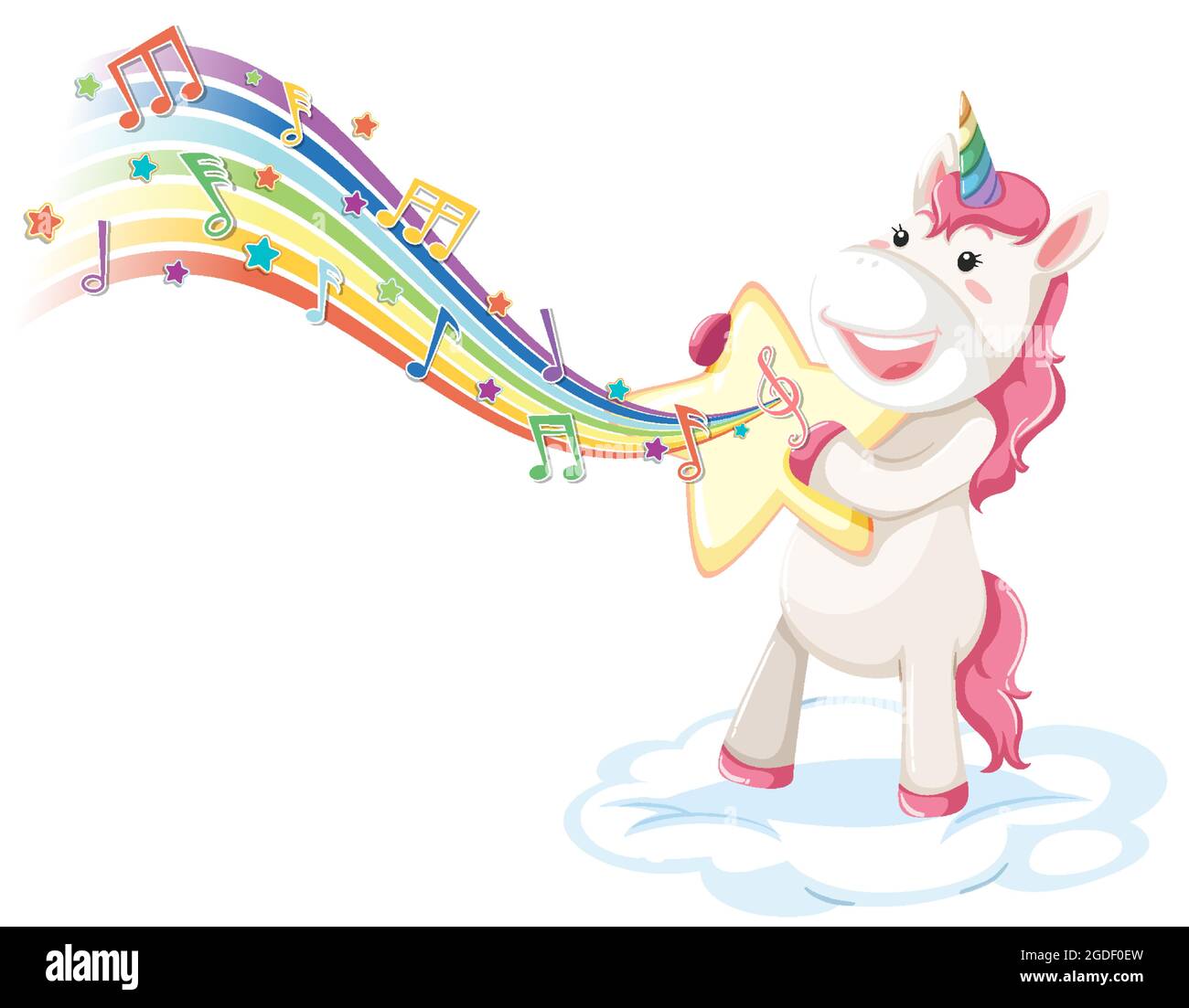 Cute unicorn standing on the cloud with melody symbols on rainbow ...