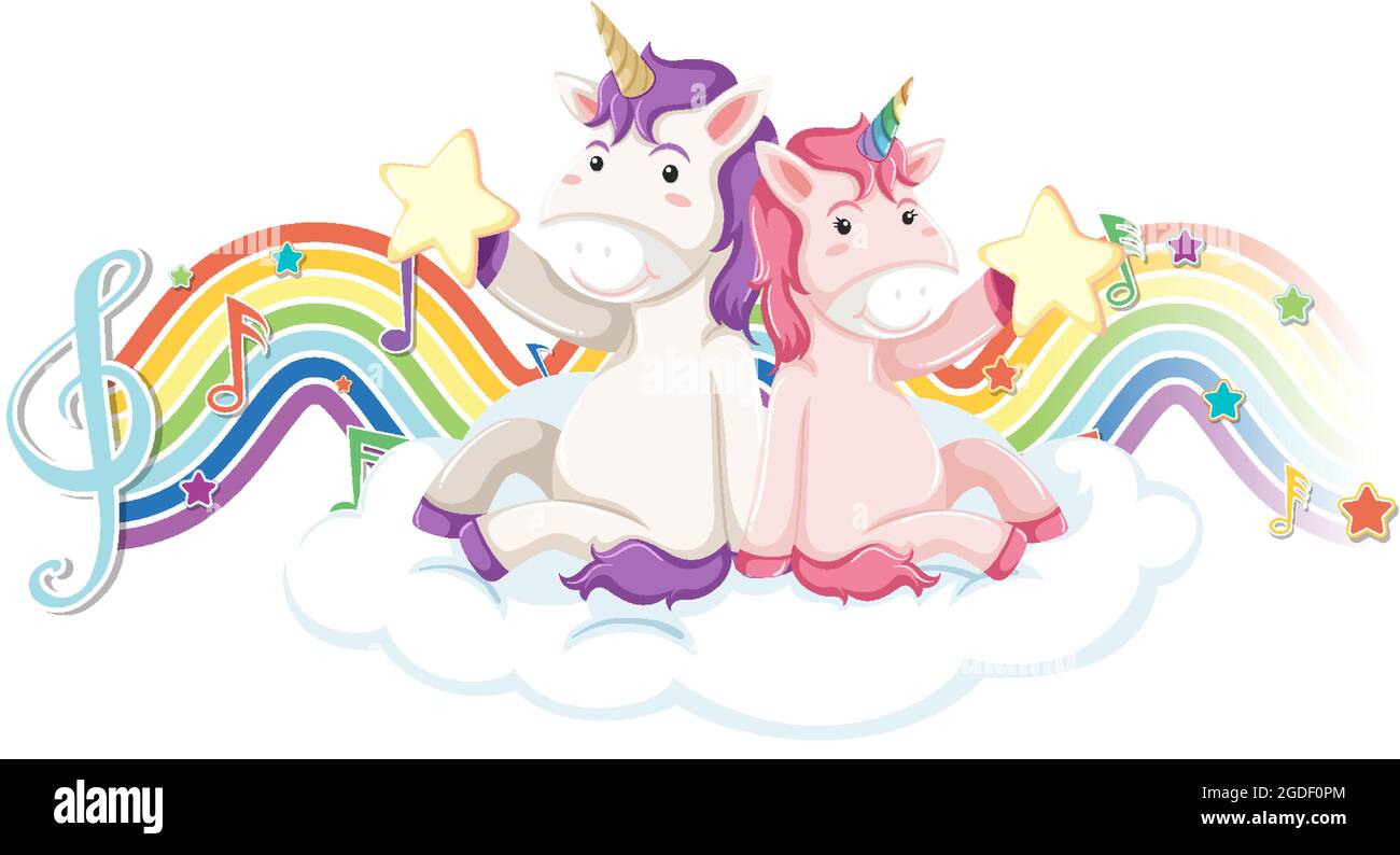 Unicorn sitting on the cloud with melody symbols on rainbow wave ...