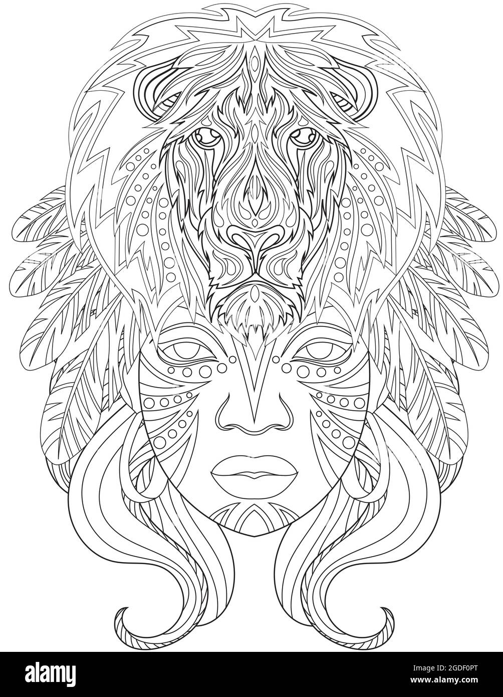 Woman With Lion Above Head Facing Forward With Feathers On Hair Colorless Line Drawing. Lady Long Hairstyle Front Looking Coloring Book Page. Stock Vector