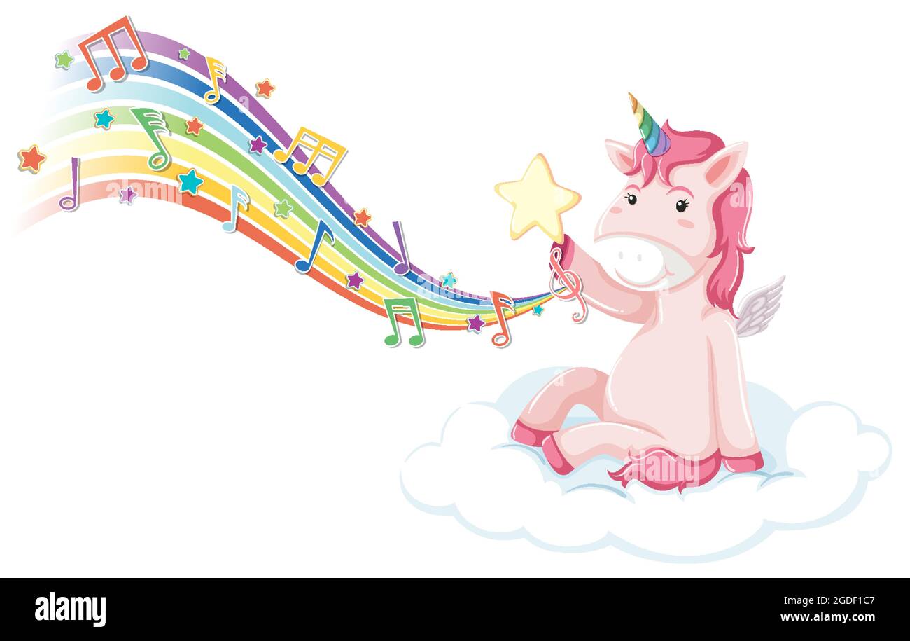 Pink unicorn sitting on the cloud with melody symbols on rainbow ...