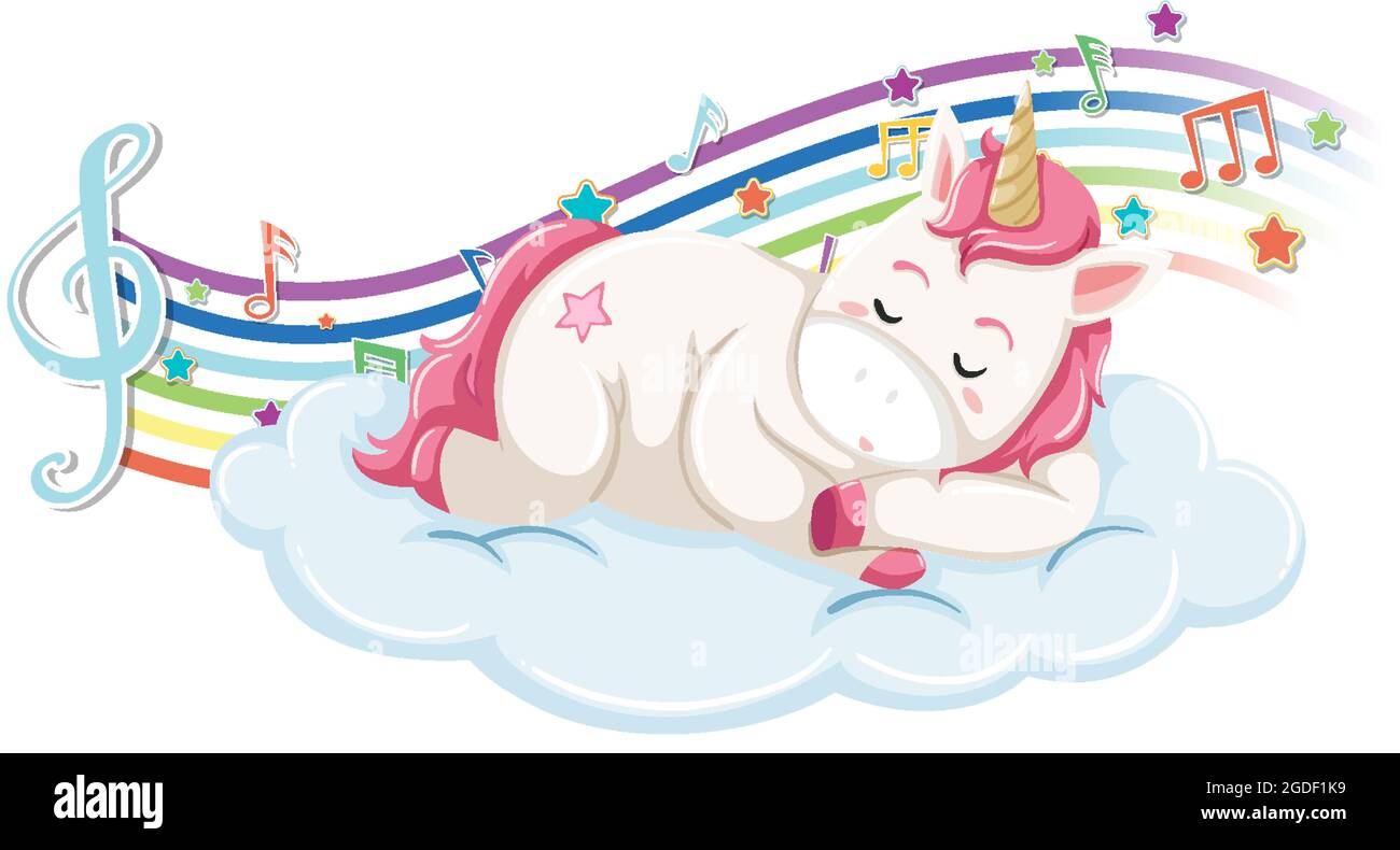 Cute unicorn sleeping on the cloud with melody symbols on rainbow ...