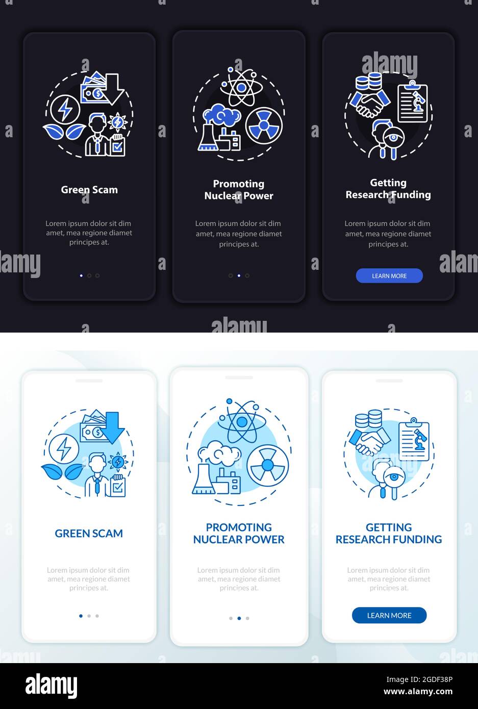Nuclear energy promotion onboarding mobile app page screen Stock Vector