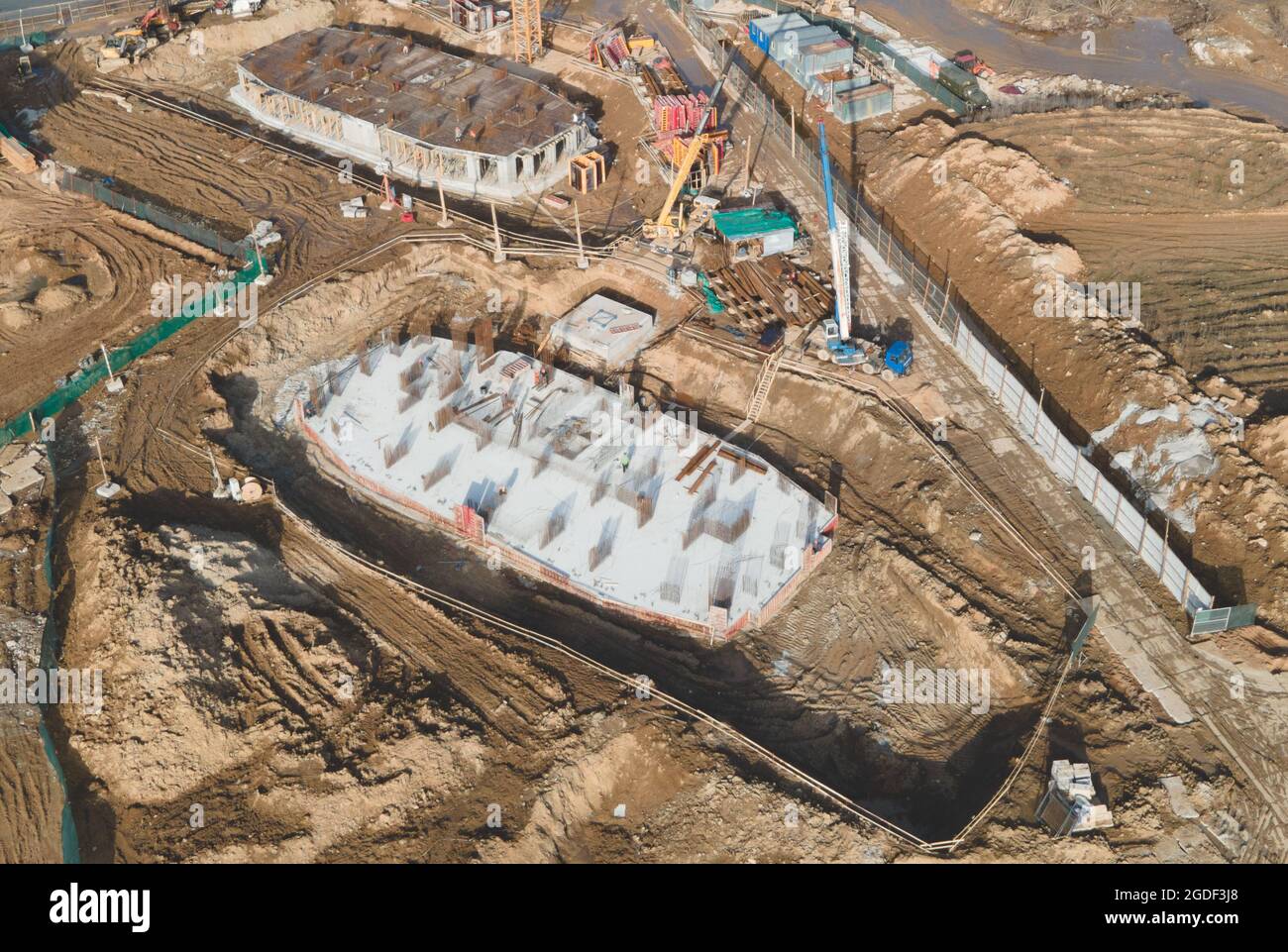 Monolithic slab foundation and concrete pouring. First floor slab rebar