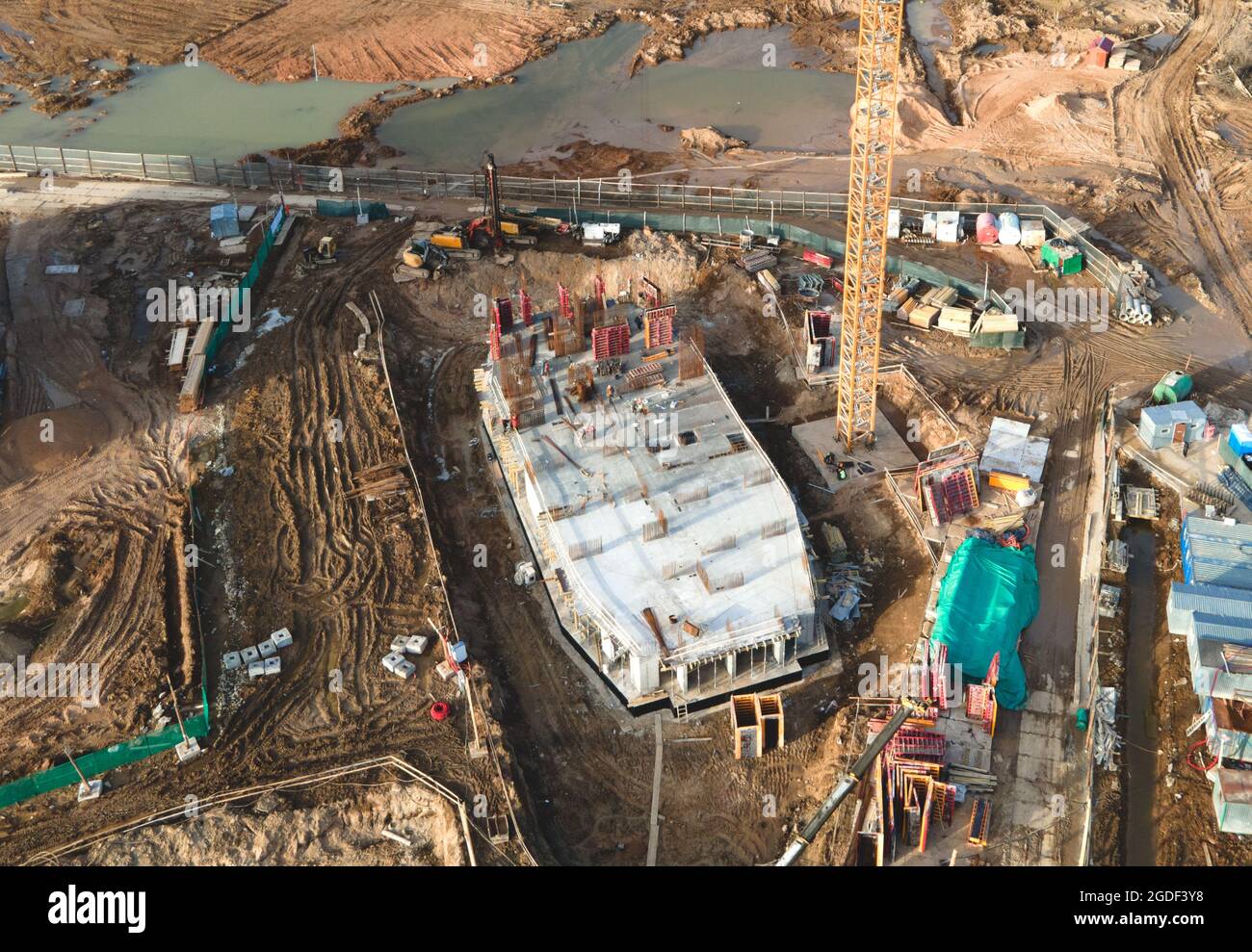 Monolithic slab foundation and concrete pouring. First floor slab rebar