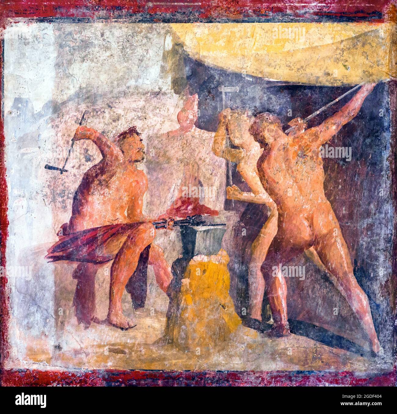 Hephaestus' workshop In Hephaestus' workshop the Cyclops forge the weapons of the heroes fresco Pompeii, Casa delle Quadrighe (House of the Quadrigas) 68-79 AD Stock Photo