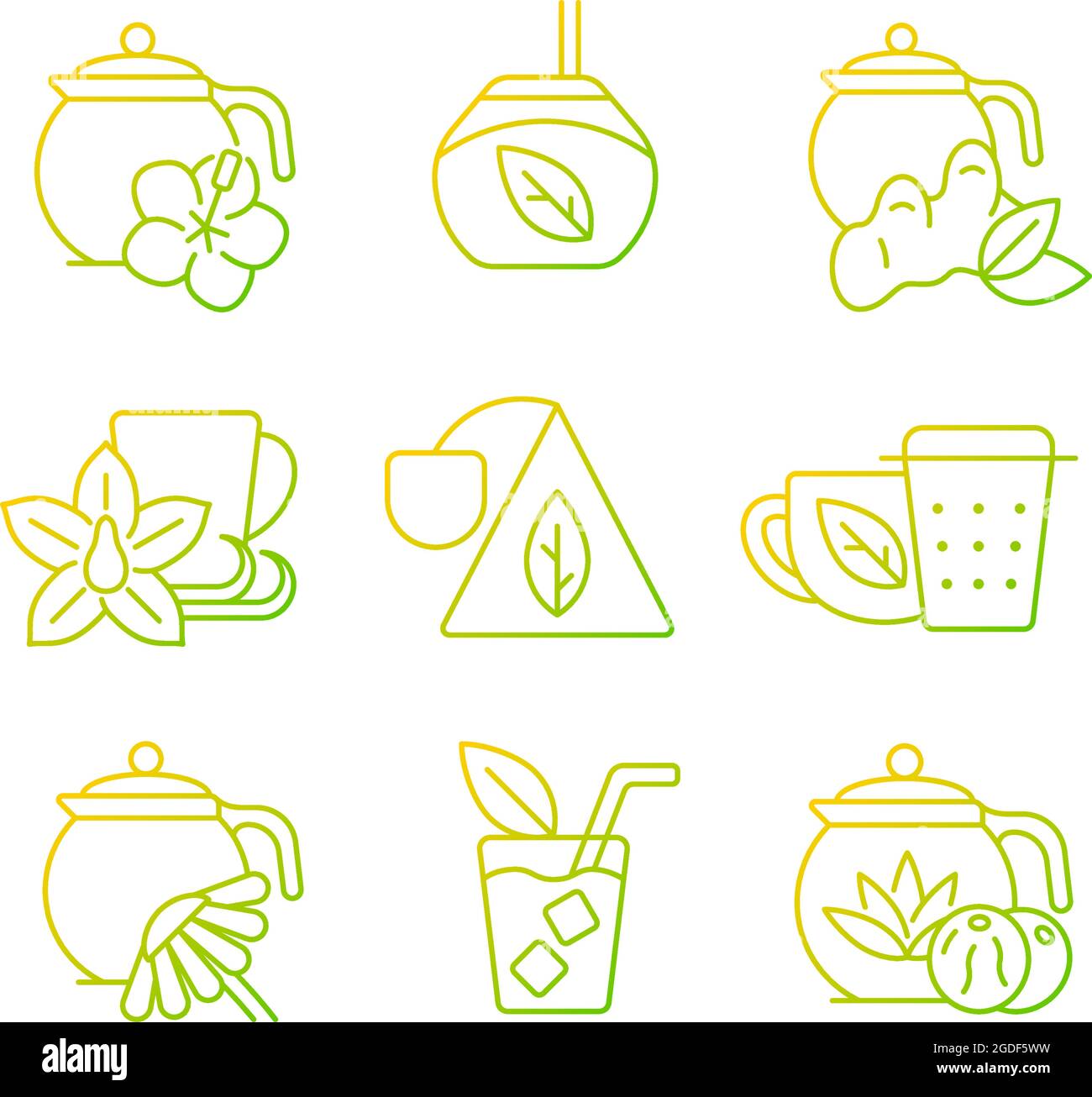 Tea and tea-like beverages gradient linear vector icons set. Stock Vector