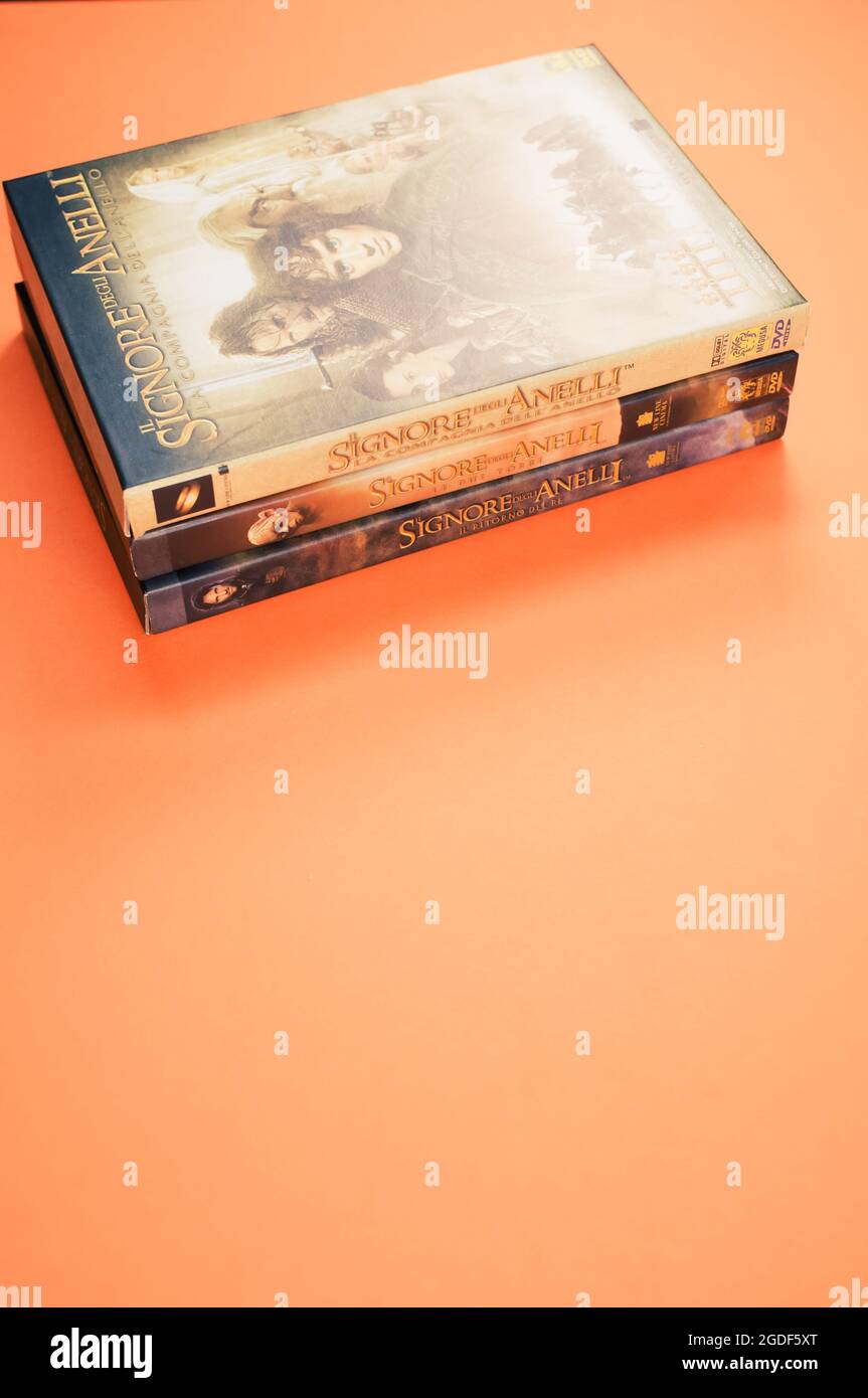 Lord of the rings motion pictures DVD isolated on am orange background Stock Photo