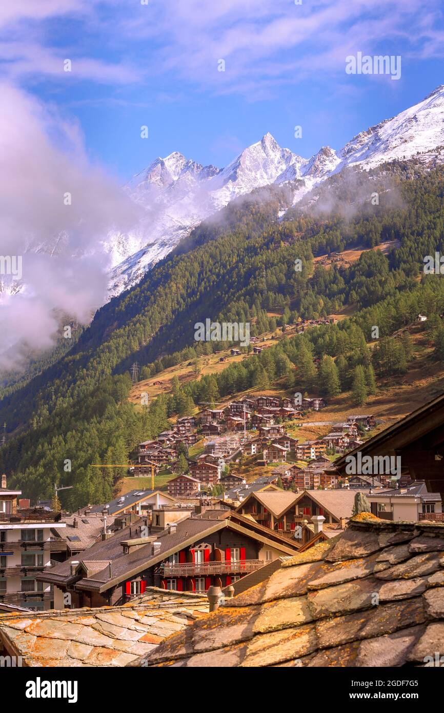Zermatt, Switzerland town aerial view in famous swiss ski resort ...