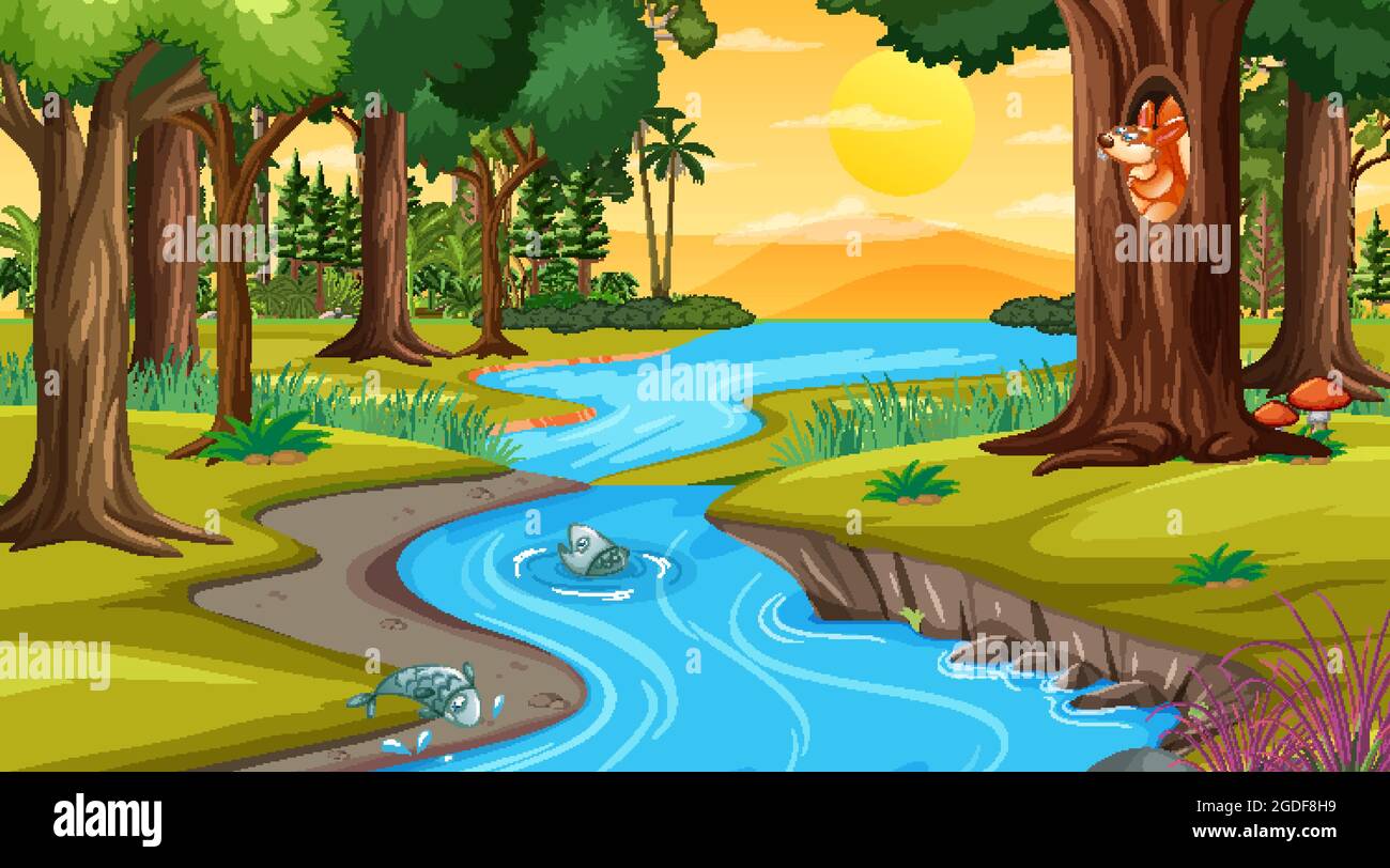 River through the forest scene at sunset time illustration Stock Vector ...