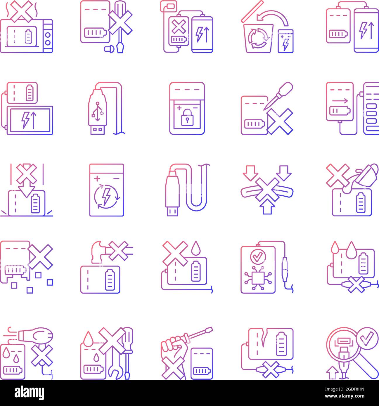 Power bank usage gradient linear vector manual label icons set Stock Vector