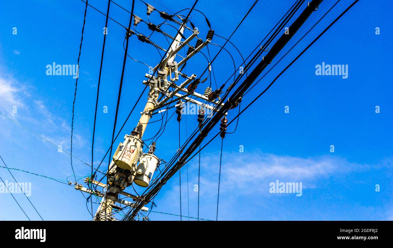 Electric line wires and pole in South Korea Stock Photo Alamy