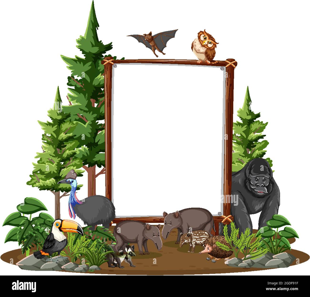 Empty banner with wild animals and rainforest trees on white background ...