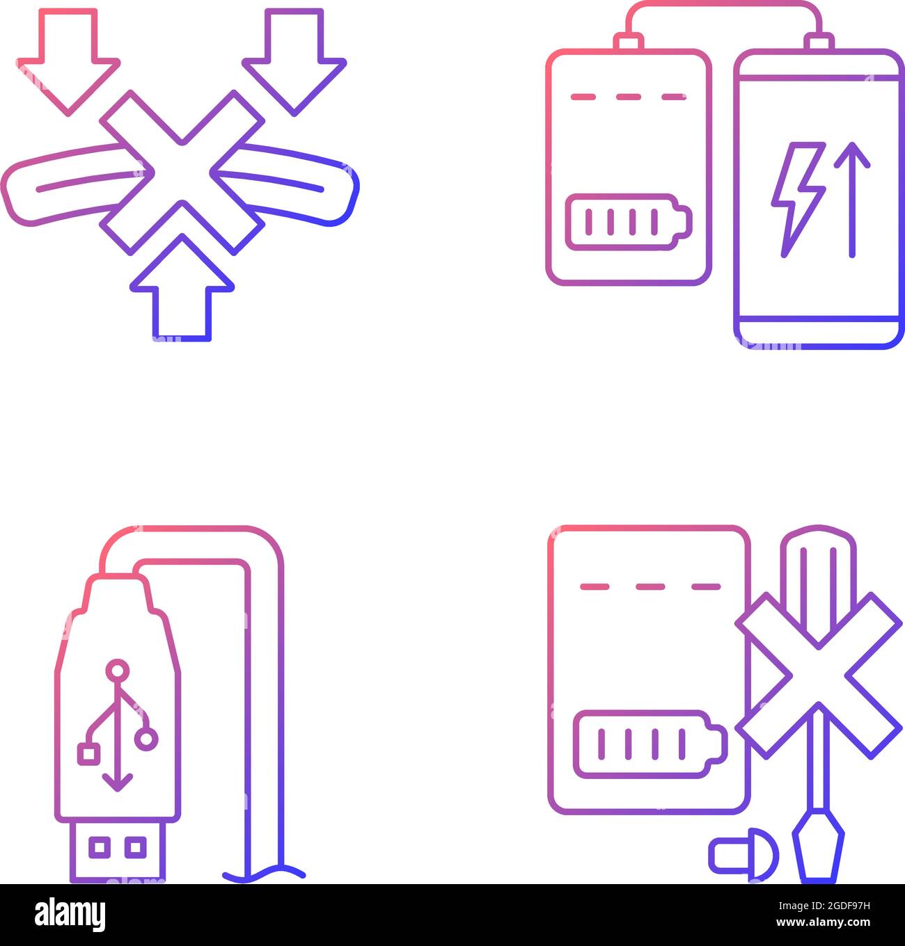 Powerbank proper use gradient linear vector manual label icons set Stock Vector