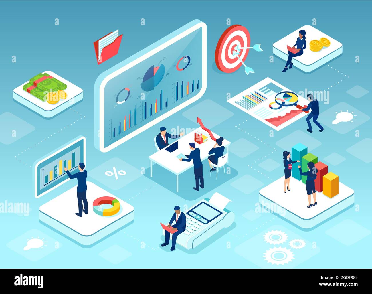 Isometric vector of business people interacting with financial charts ...