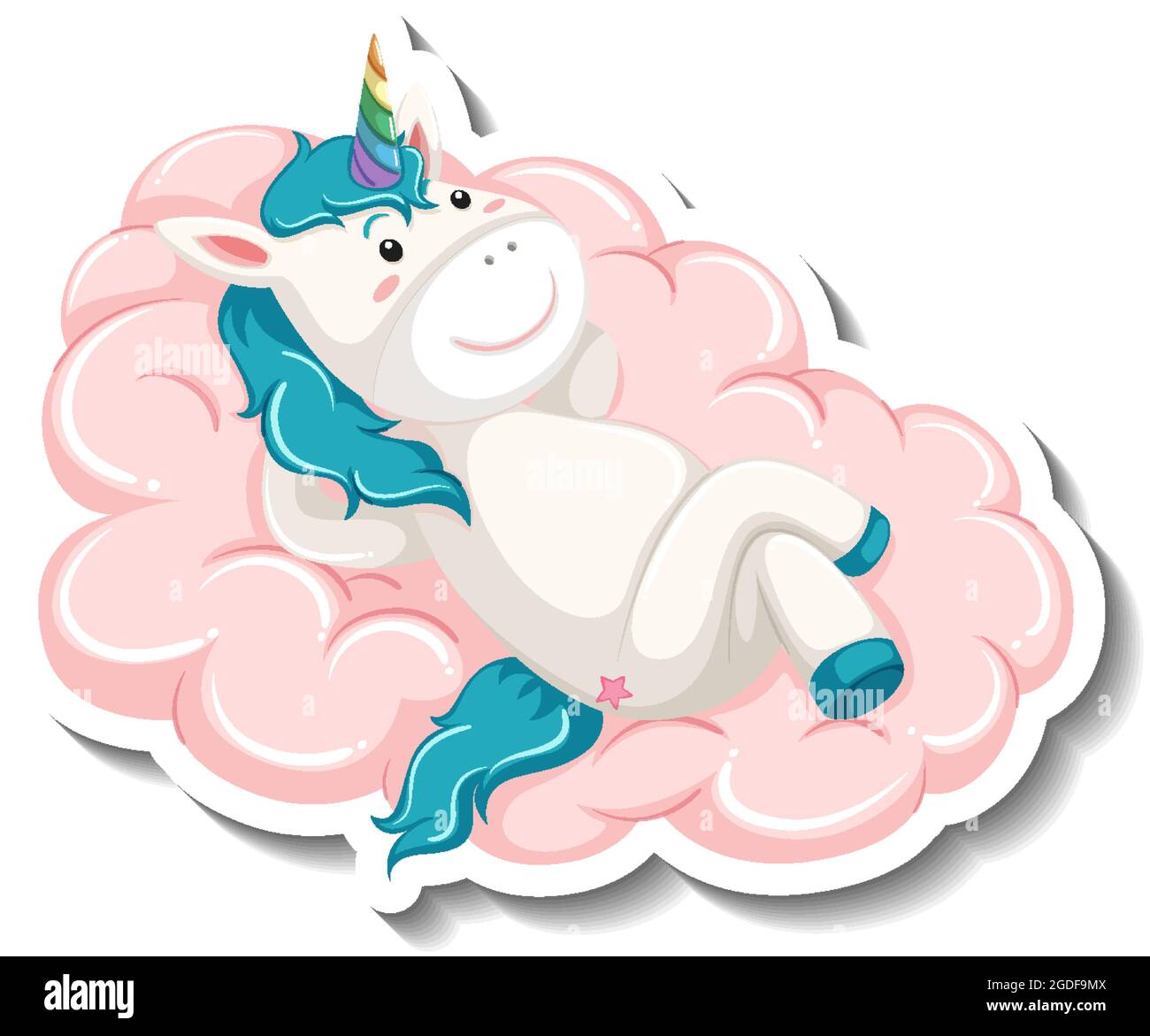 Cute unicorn laying on the cloud on white background illustration Stock ...