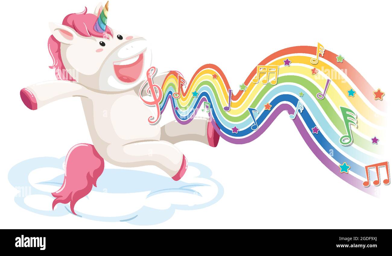 Unicorn jumping on the cloud with melody symbols on rainbow wave ...