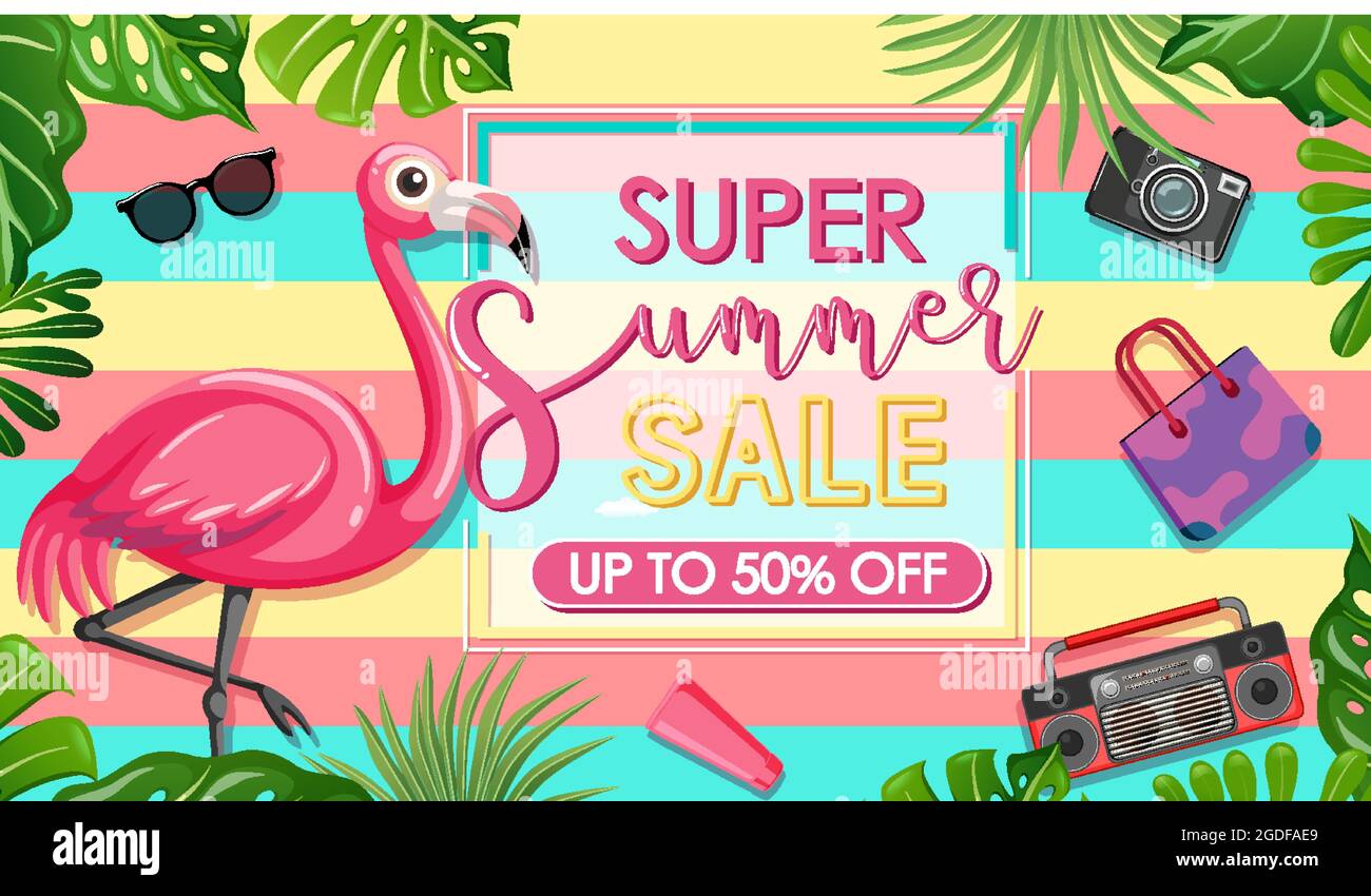 Super Summer Sale font with flamingo and summer icons banner ...