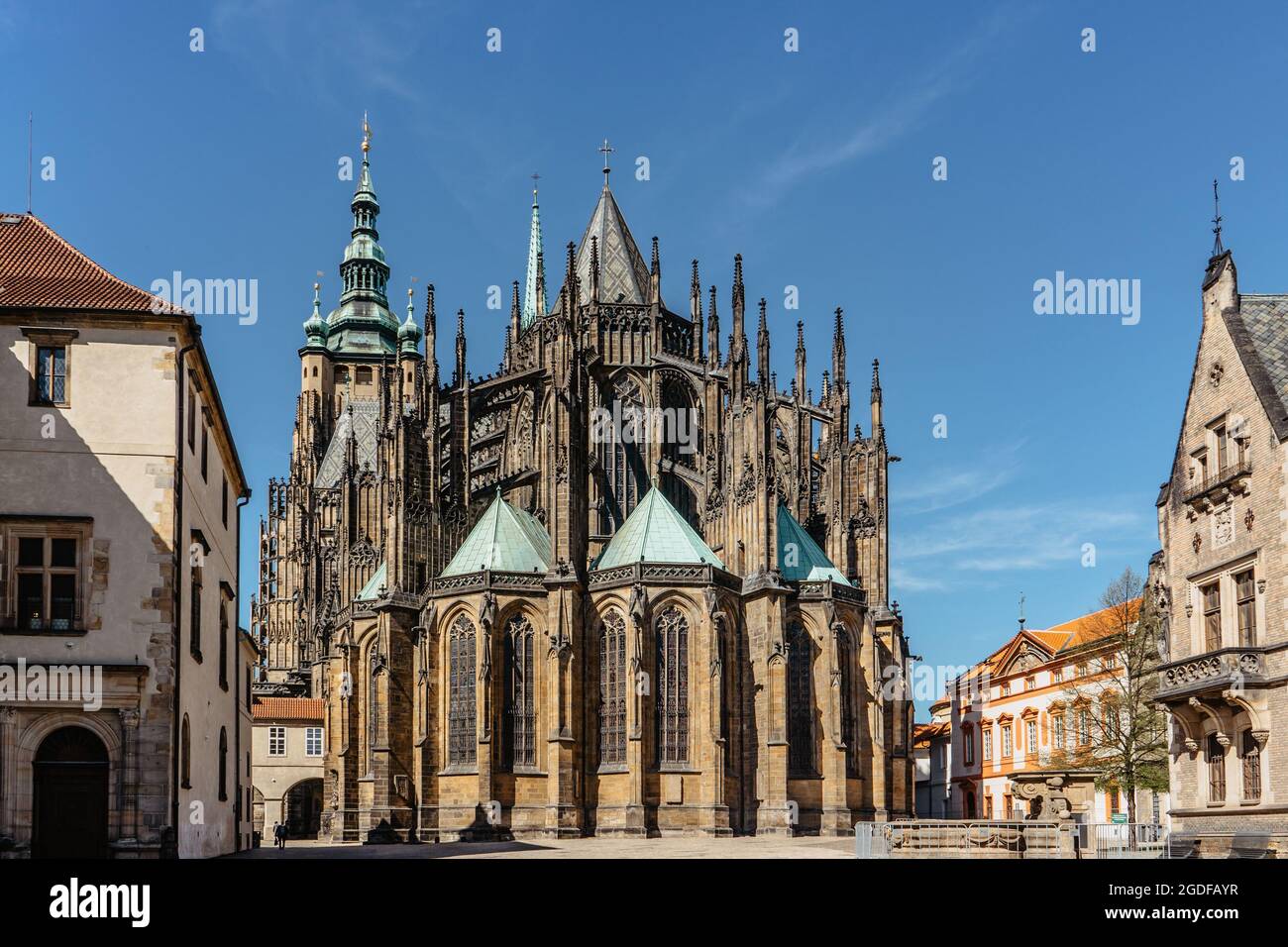 Prague, Czech Republic - May 10,2021. Eastern view of Gothic St. Vitus Cathedral with the Great South Tower within Prague Castle complex.Large and imp Stock Photo