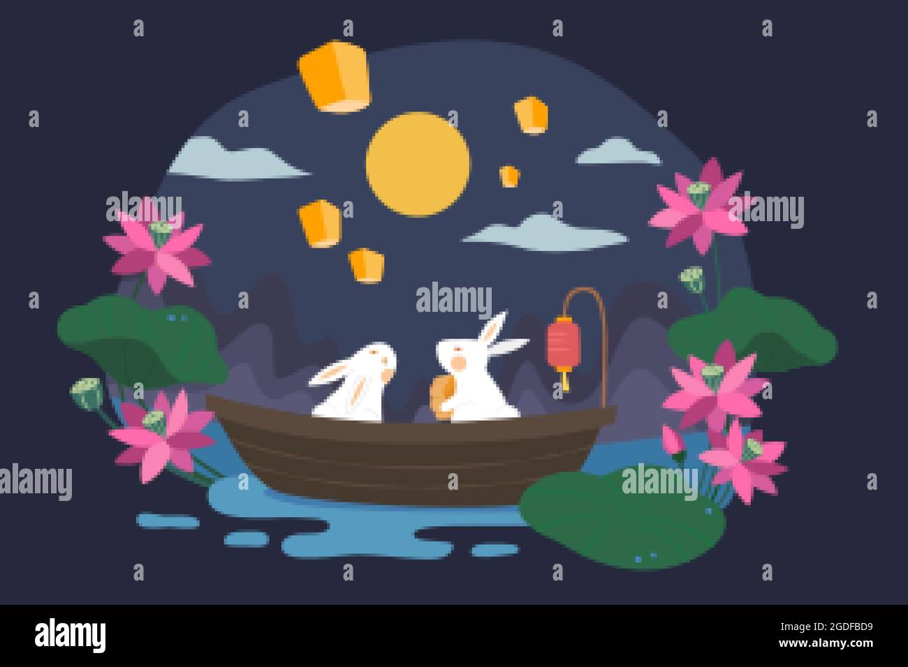 Mid autumn festival design. Flat illustration of jade rabbits eating mooncake on a boat floating on lotus pond and watching moon at night as holiday c Stock Vector