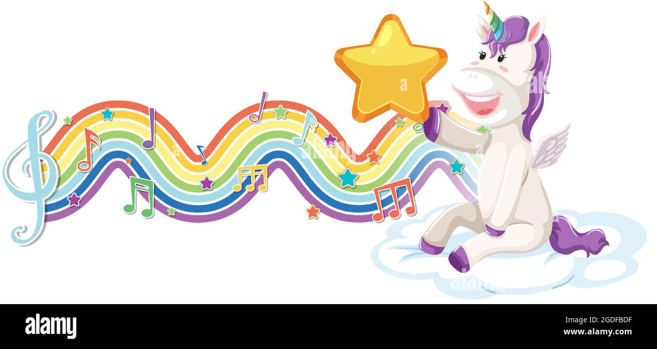 Unicorn sitting on the cloud with melody symbols on rainbow wave ...