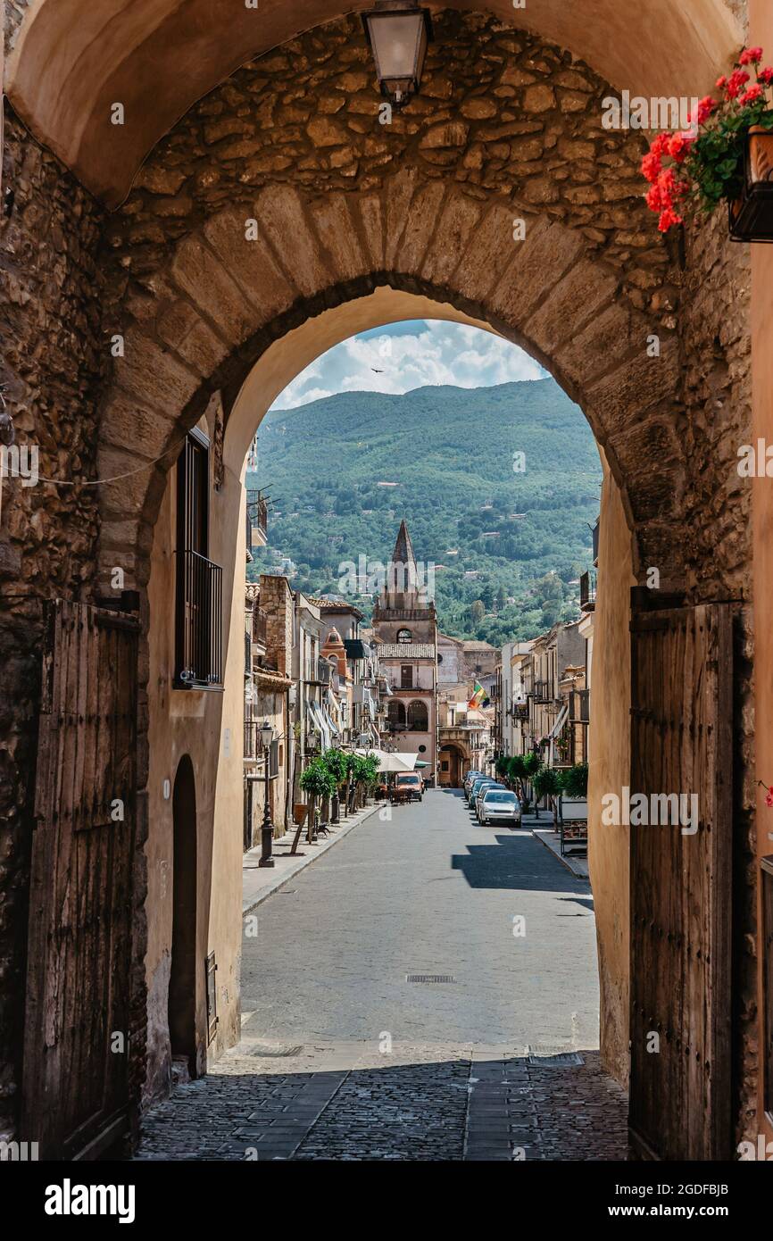 Castelbuono, Sicily. Narrow streets of small medieval village in Park of Madonie.It is known for panettone,typical Sicilian cake.Historical city Stock Photo