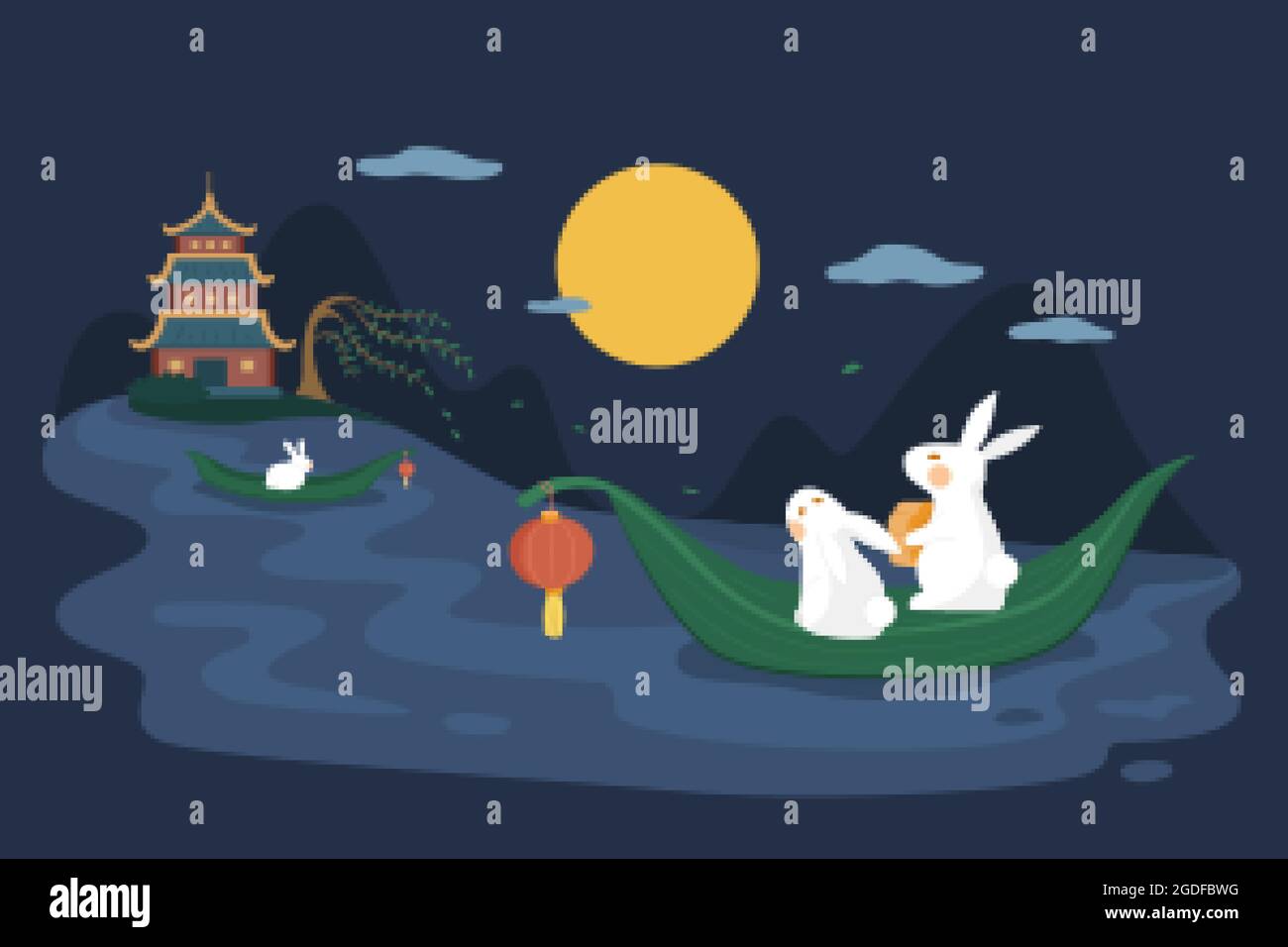 Mid autumn festival design. Flat illustration of jade rabbits drifting on a river and watching moon at night as holiday celebration Stock Vector