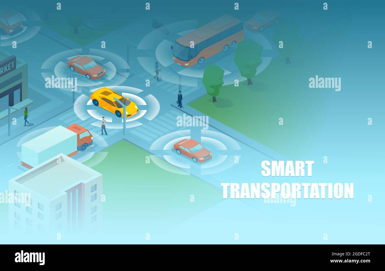 Vector of a smart city with public transportation and cars moving in the city streets using sensors and autopilot Stock Vector