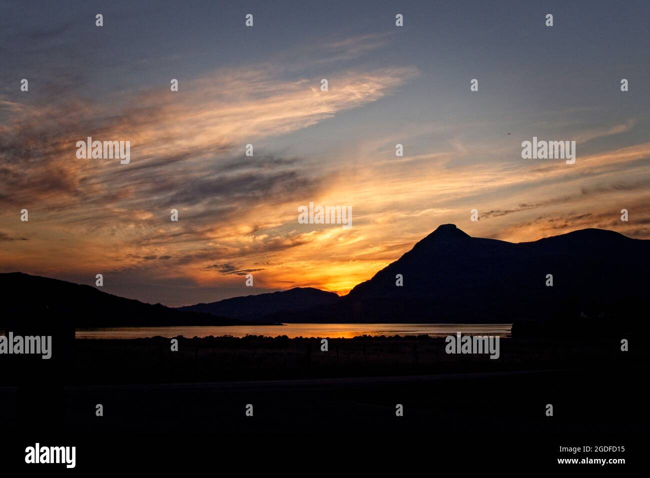 Sunset over Loch Assynt, with Quinag, Highland, Scotland, UK. Stock Photo