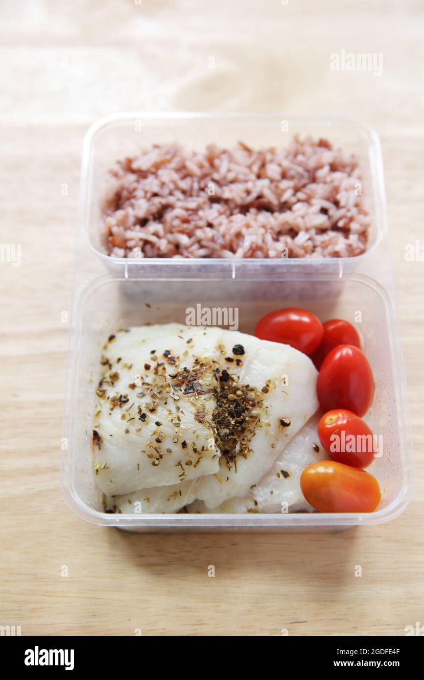 Clean food cod fillet with rice Stock Photo - Alamy