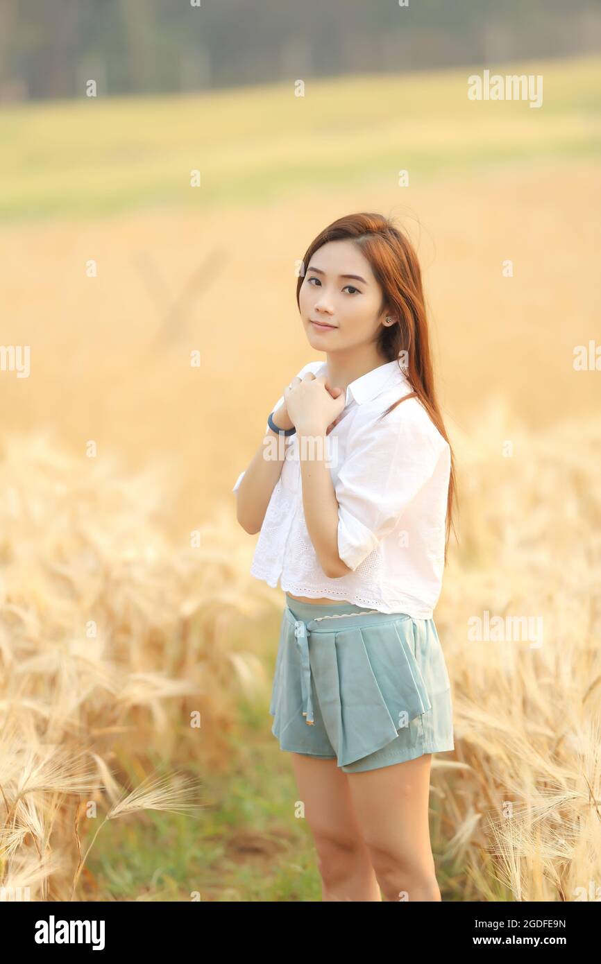 Asian girl on wheat field Stock Photo - Alamy