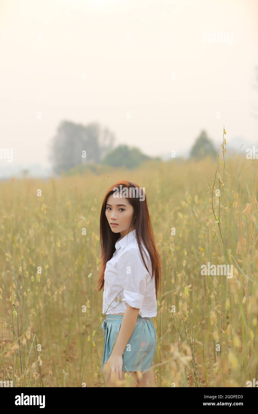Asian girl on wheat field Stock Photo - Alamy
