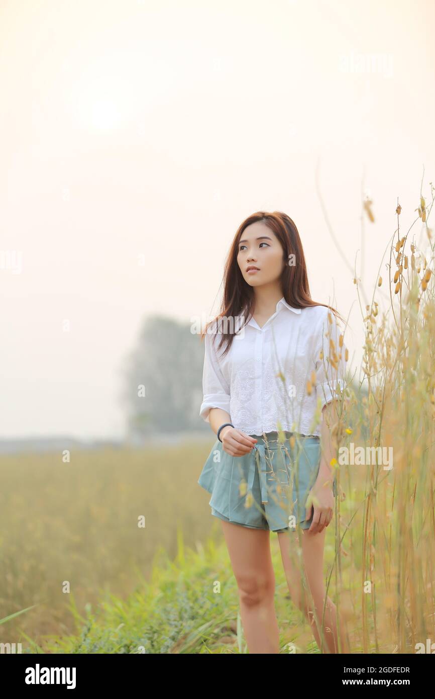 Asian girl on wheat field Stock Photo - Alamy