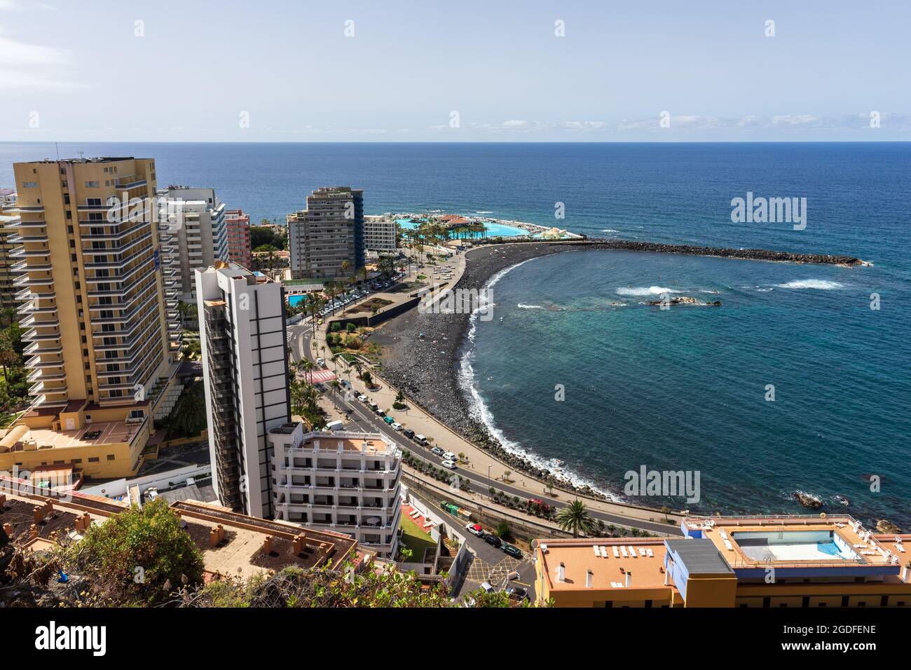 A view on the city from a height of observation deck: Mirador La Paz.  Puerto de la Cruz, Tenerife, Canary Islands, Spain. Stock Photo