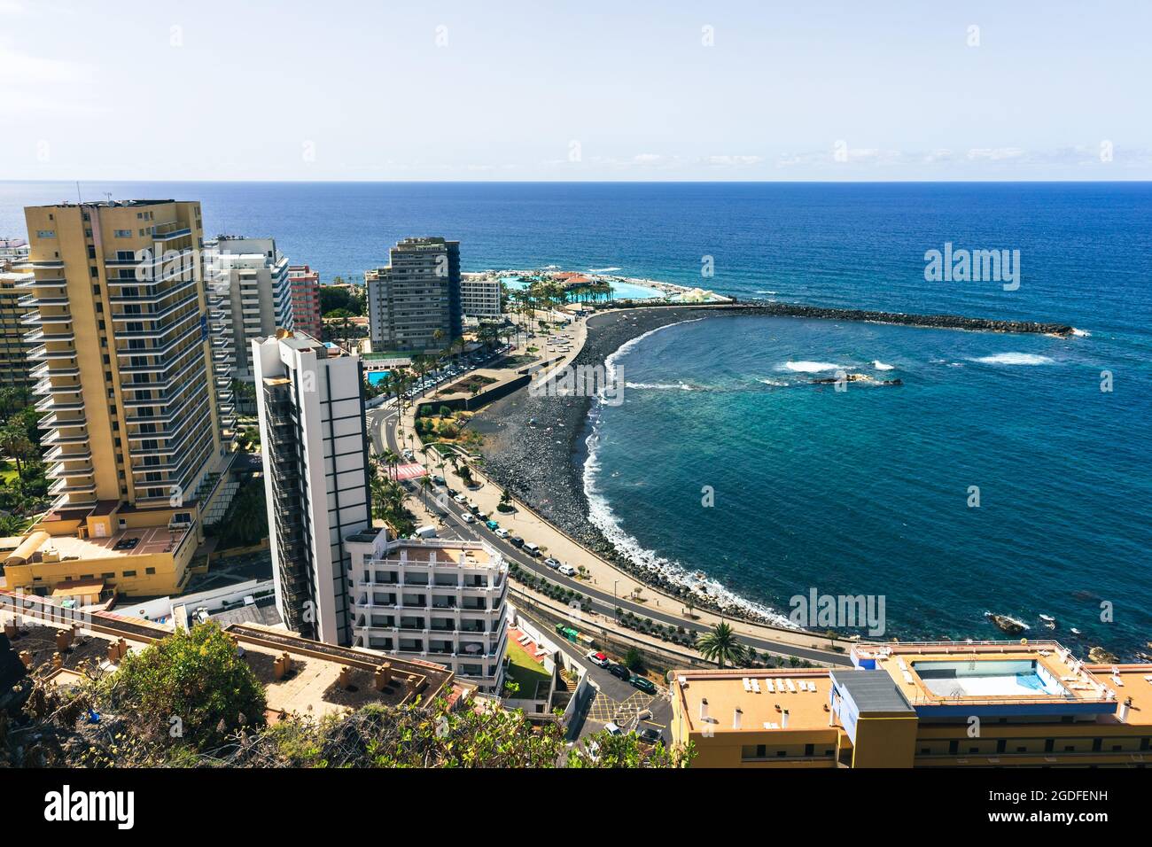 A view on the city from a height of observation deck: Mirador La Paz.  Puerto de la Cruz, Tenerife, Canary Islands, Spain. Stock Photo