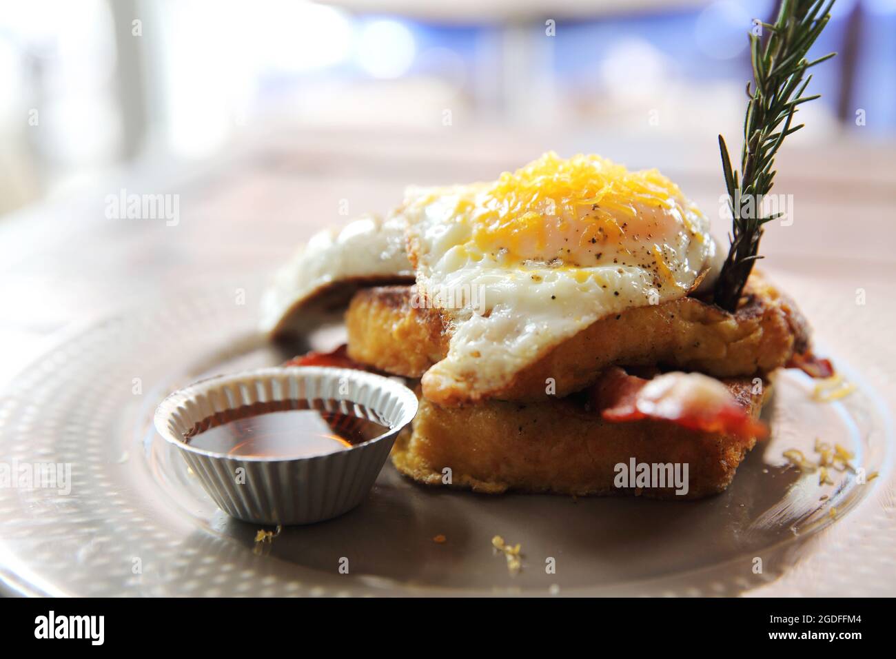 French Toast Eggs and Bacon Breakfast Brekkie Stack Stock Photo