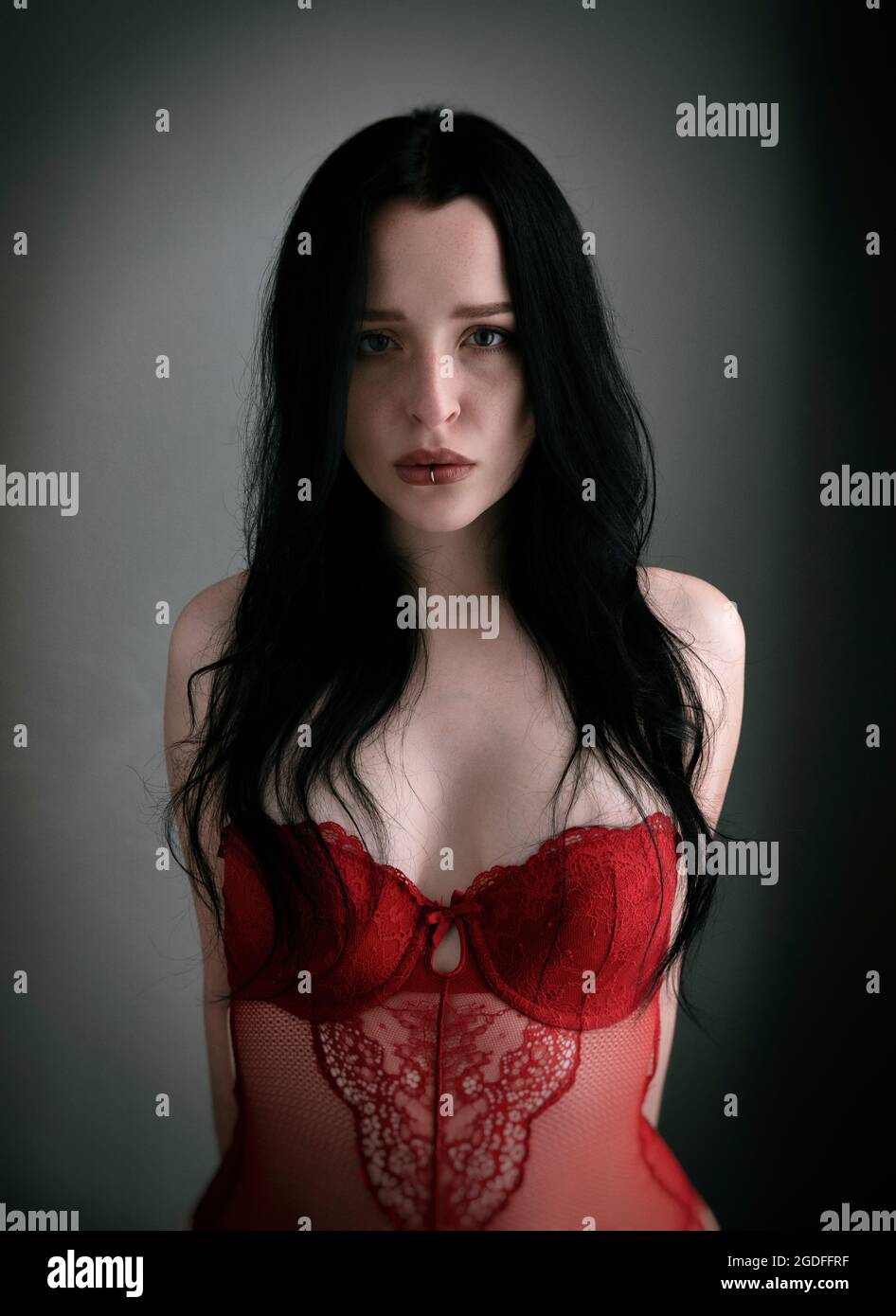 Model wearing red corset Stock Photo