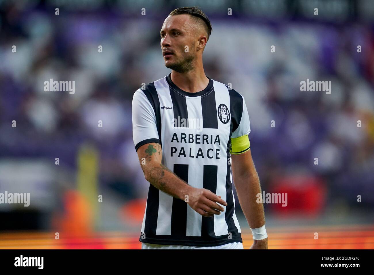 Brussels, Belgium. 12th Aug, 2021. BRUSSELS, BELGIUM - AUGUST 12:  Aleksandar Ignjatovic of KF Laci during the UEFA Europa Conference League  Qualification match between RSC Anderlecht and KF Laci at Lotto Park