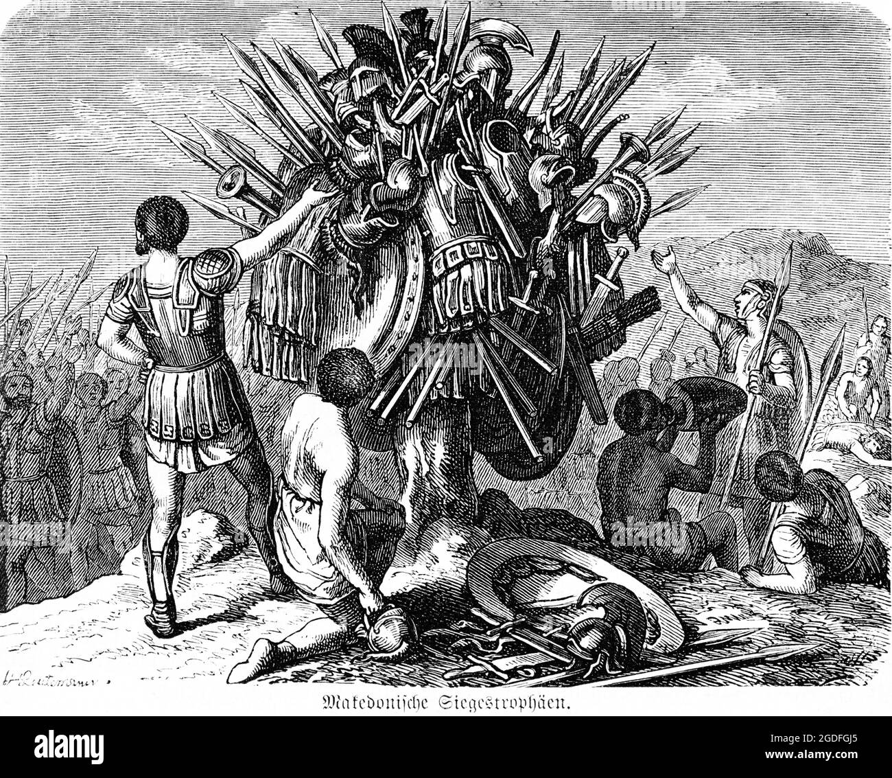 Macedonian collecting weaponry as trophies of victory after battle, historic illustration 1881 Stock Photo