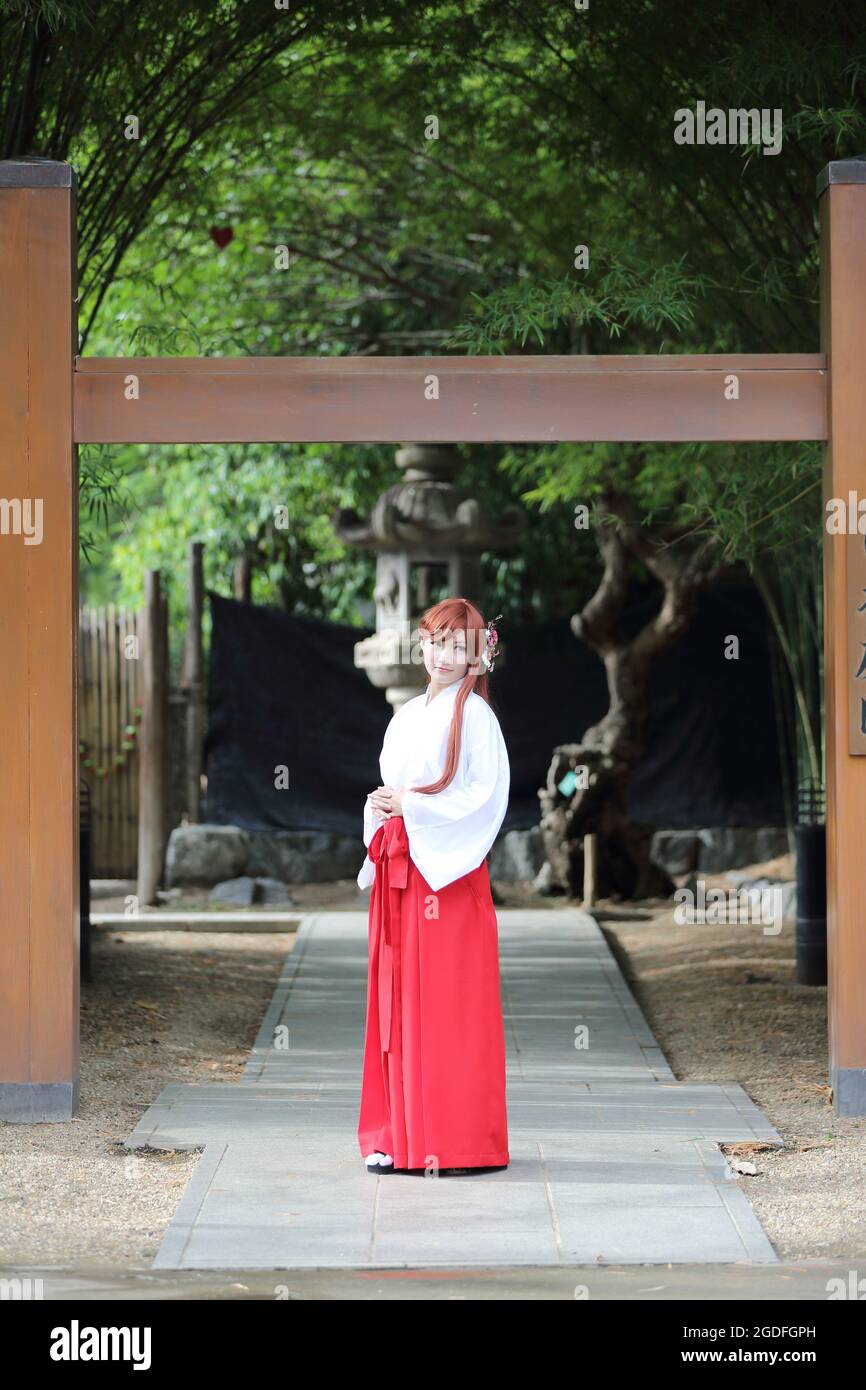 Asian girl portrait , Japanese Miko in nature Stock Photo