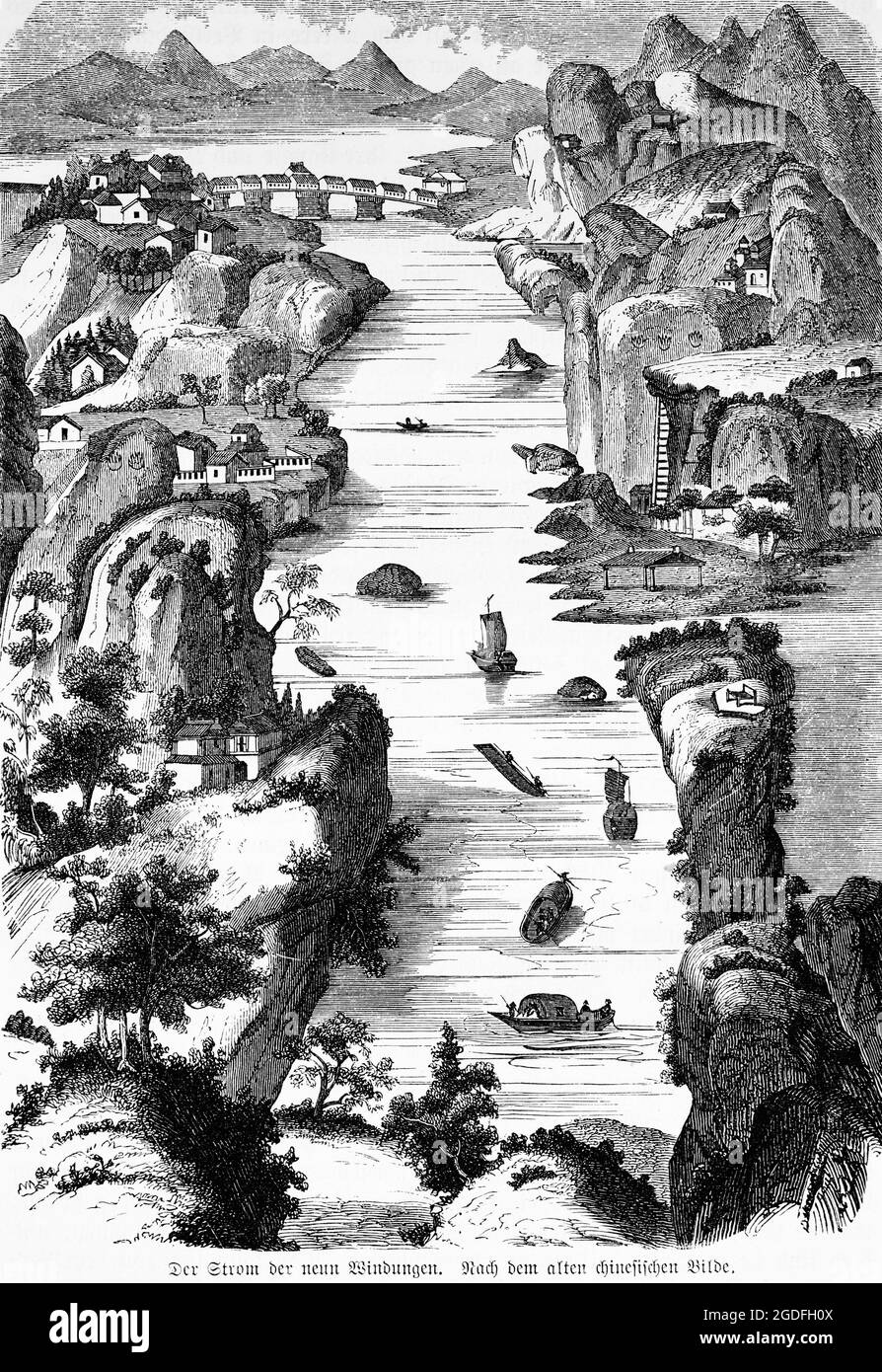 Fluss der neun Windungen or River of nine meanders, within the city of Wuhishan, China, Asia, after an ancient engraving, ihistoric illustration 1881 Stock Photo