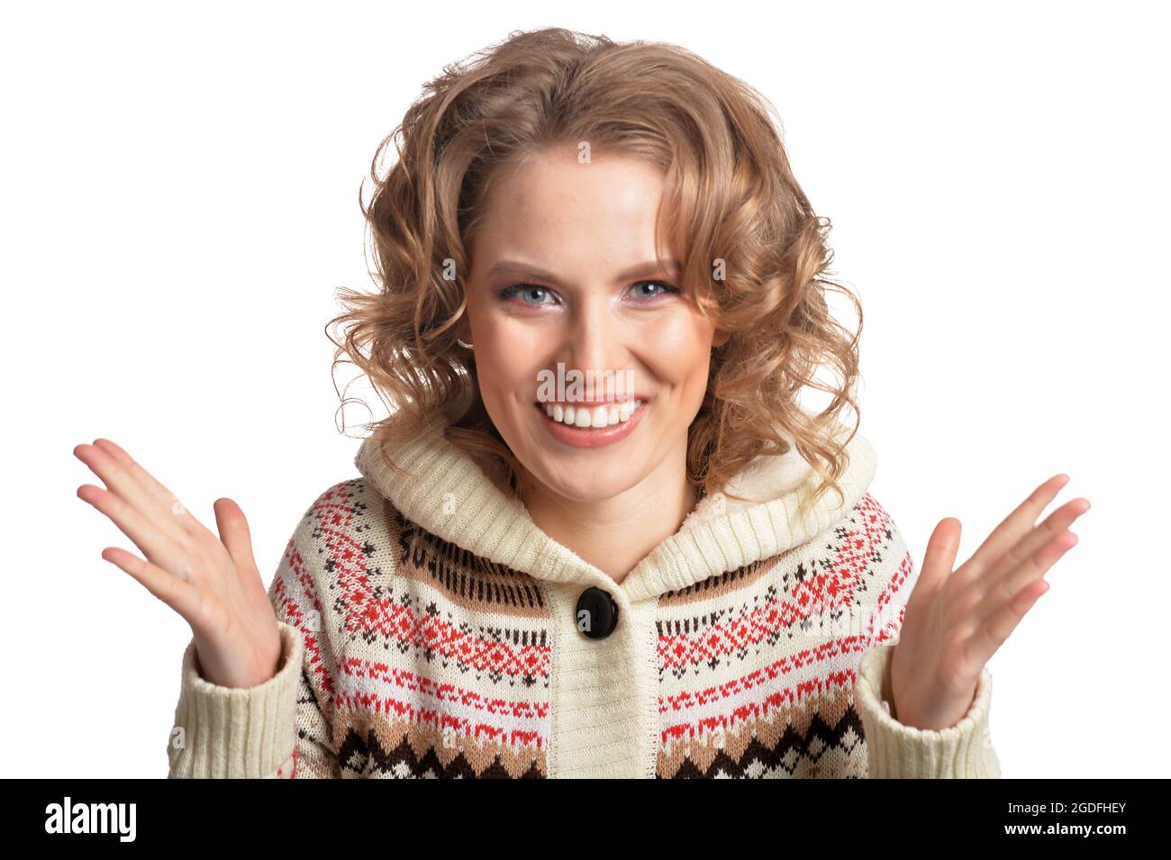 Portrait of smiling young woman on white background Stock Photo - Alamy
