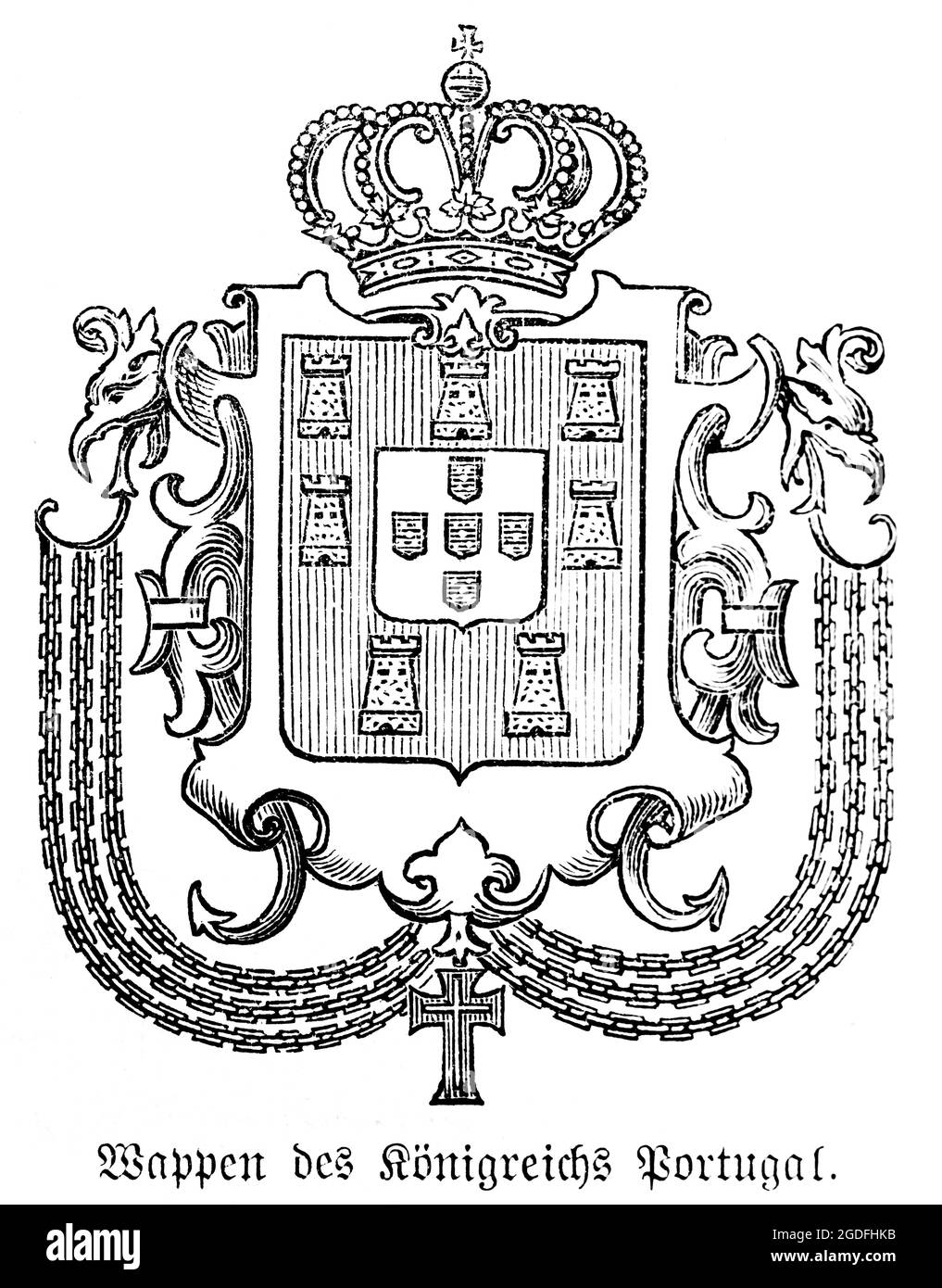 Coat of arms of the Kingdom of Portugal in the 16th century, historic illustration 1881 Stock Photo