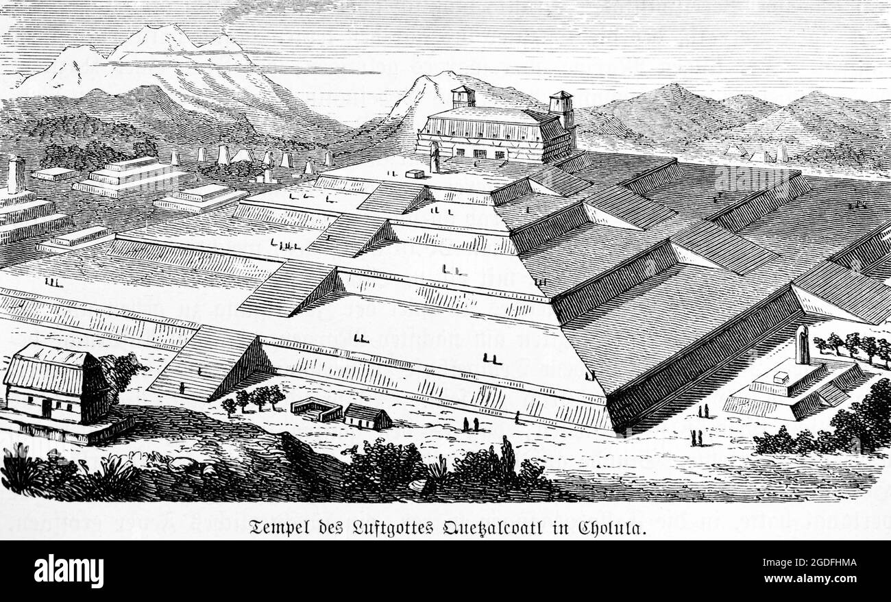 Temple of Quetzalcoatl, a Mesoamerican diety in Aztec culture,God of sun and wind, Choluta, Mexico, Central America, historic illustration 1881 Stock Photo