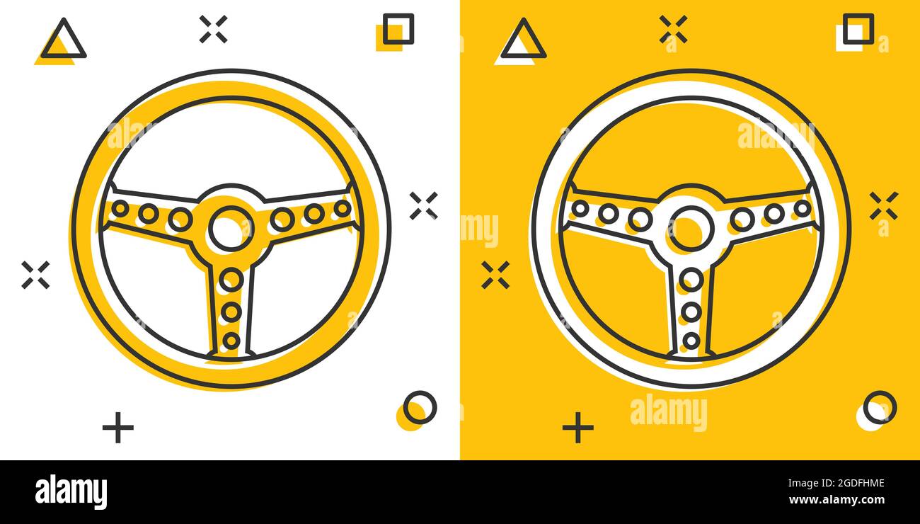 Vector cartoon steering wheel icon in comic style. Rudder wheel sign